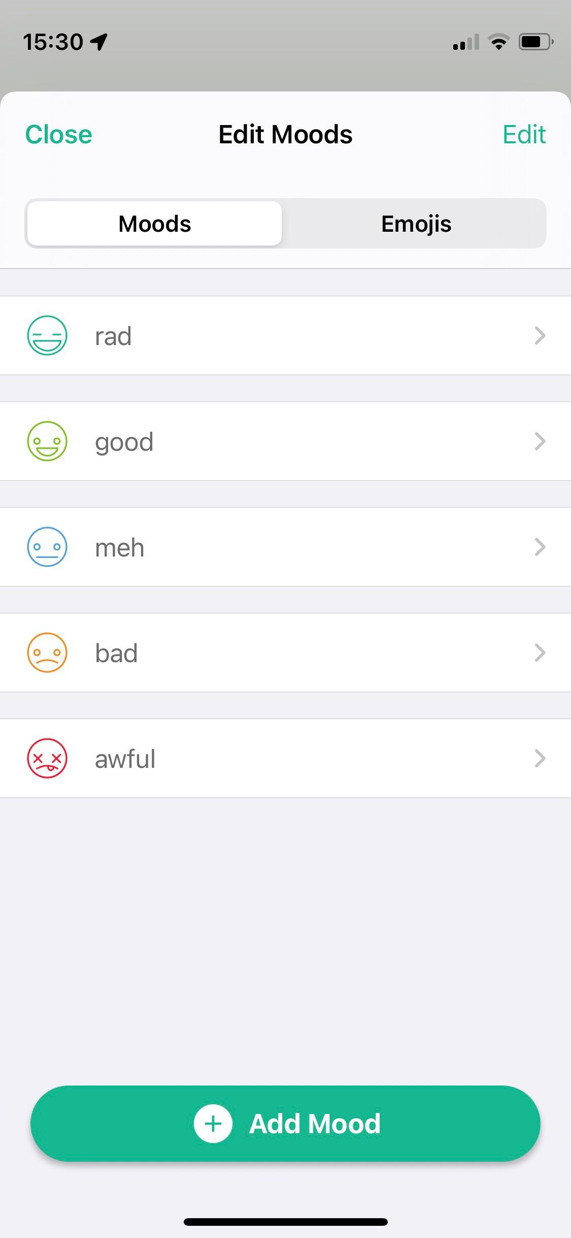 Screenshot of Daylio app showing mood edit screen