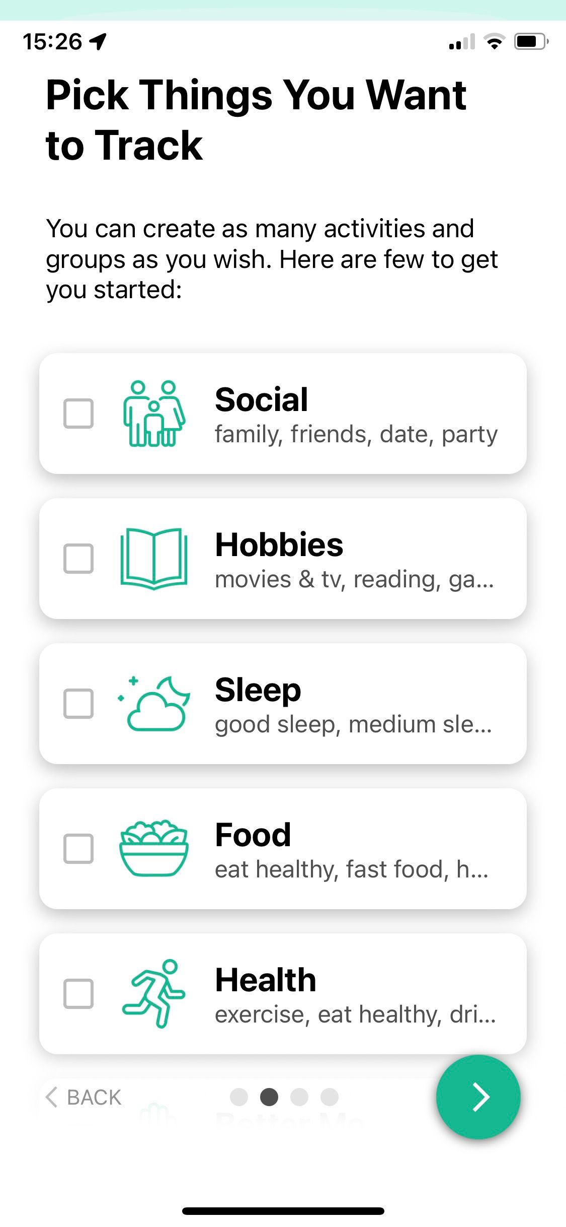Screenshot of Daylio app showing tracking options 1