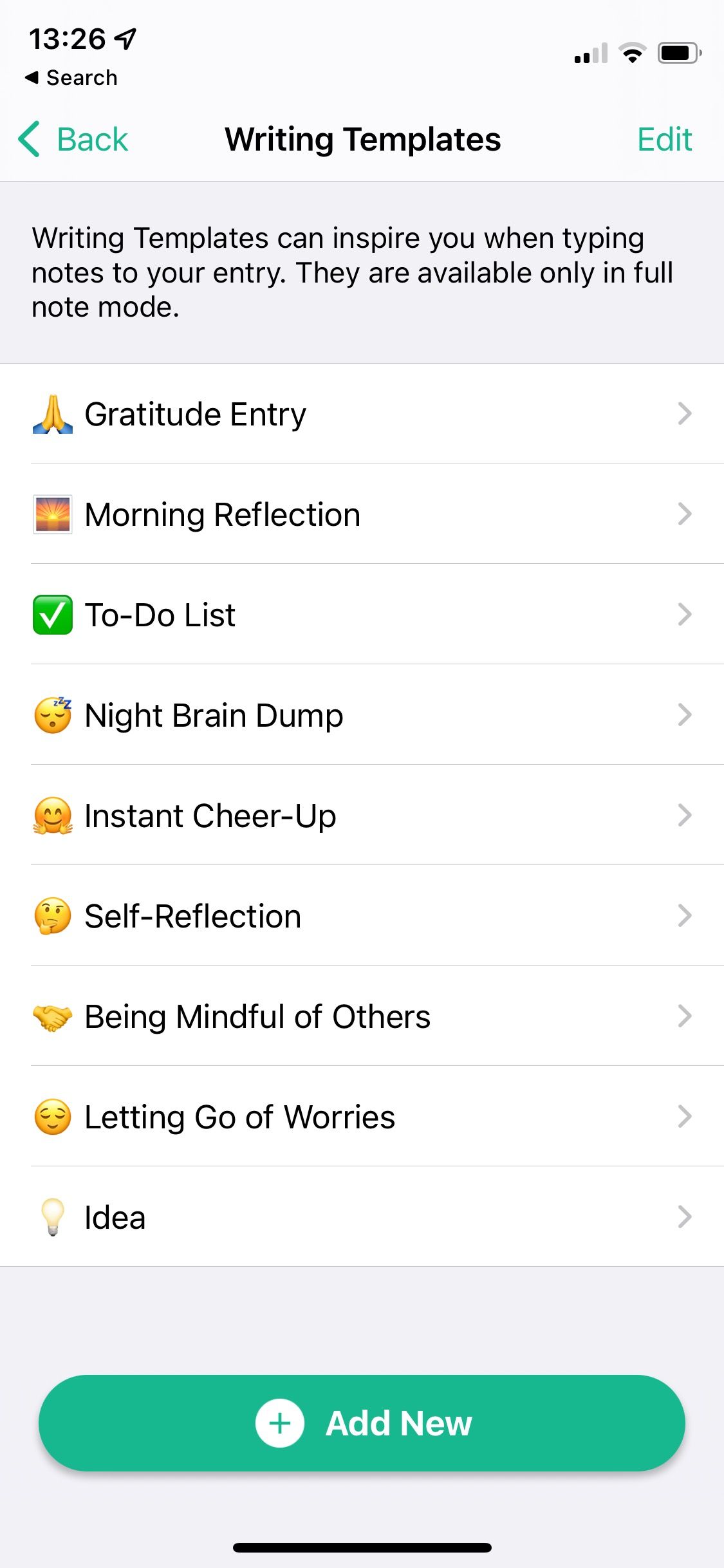Screenshot of Daylio app showing writing template premium feature