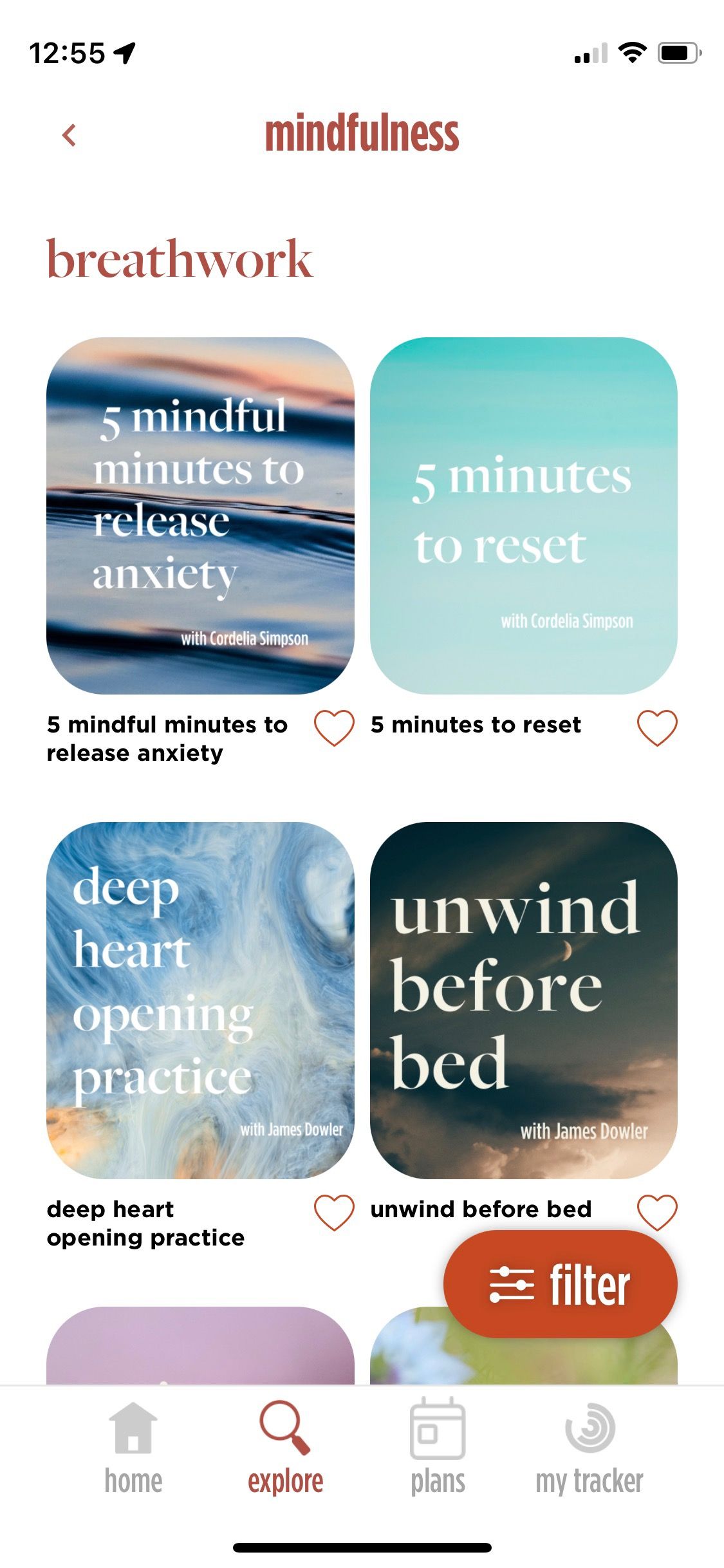 Screenshot of Feel Better app showing breathwork selection screen