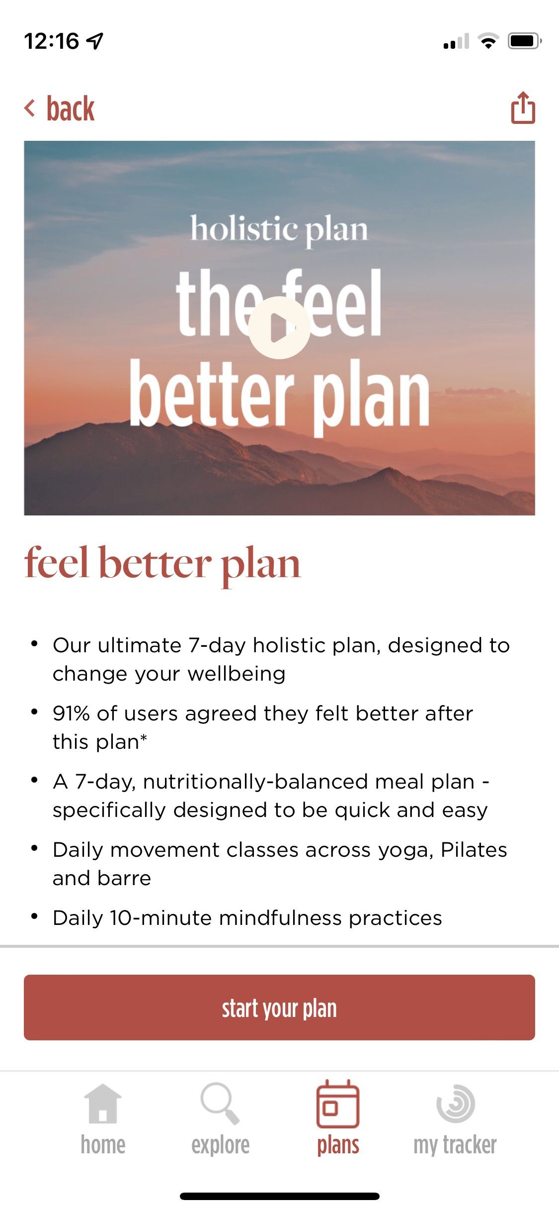 Screenshot of Feel Better app showing feel better plan screen