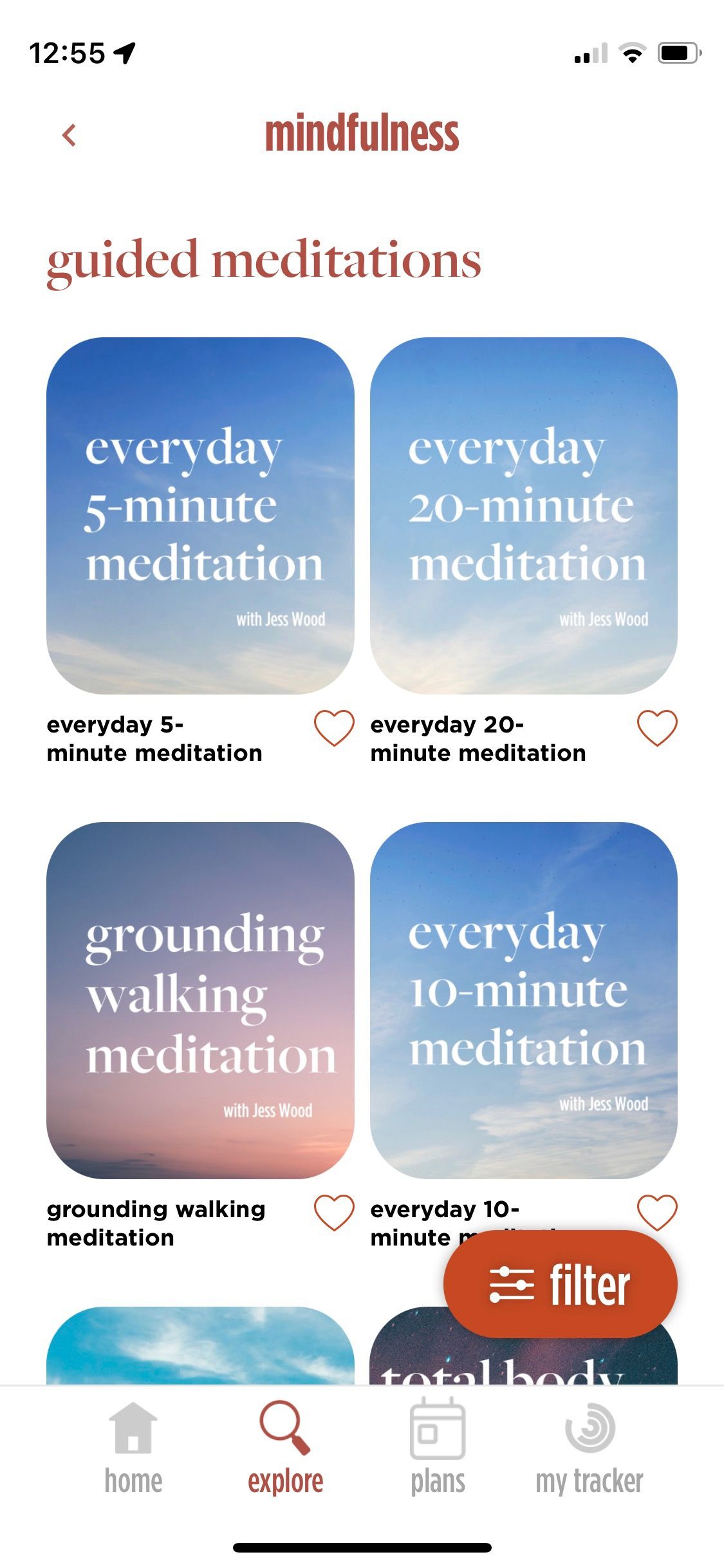 Screenshot of Feel Better app showing guided meditations selection screen