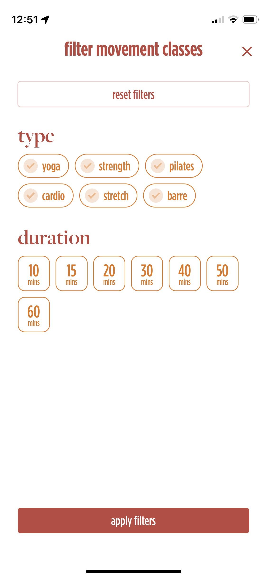 Screenshot of Feel Better app showing movement classes filter options