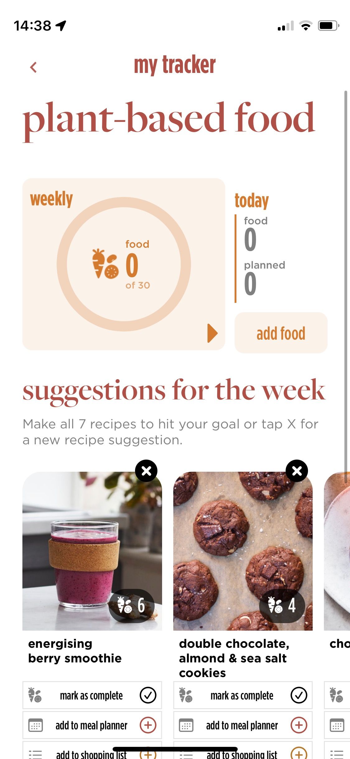 Screenshot of Feel Better app showing recipe tracker screen