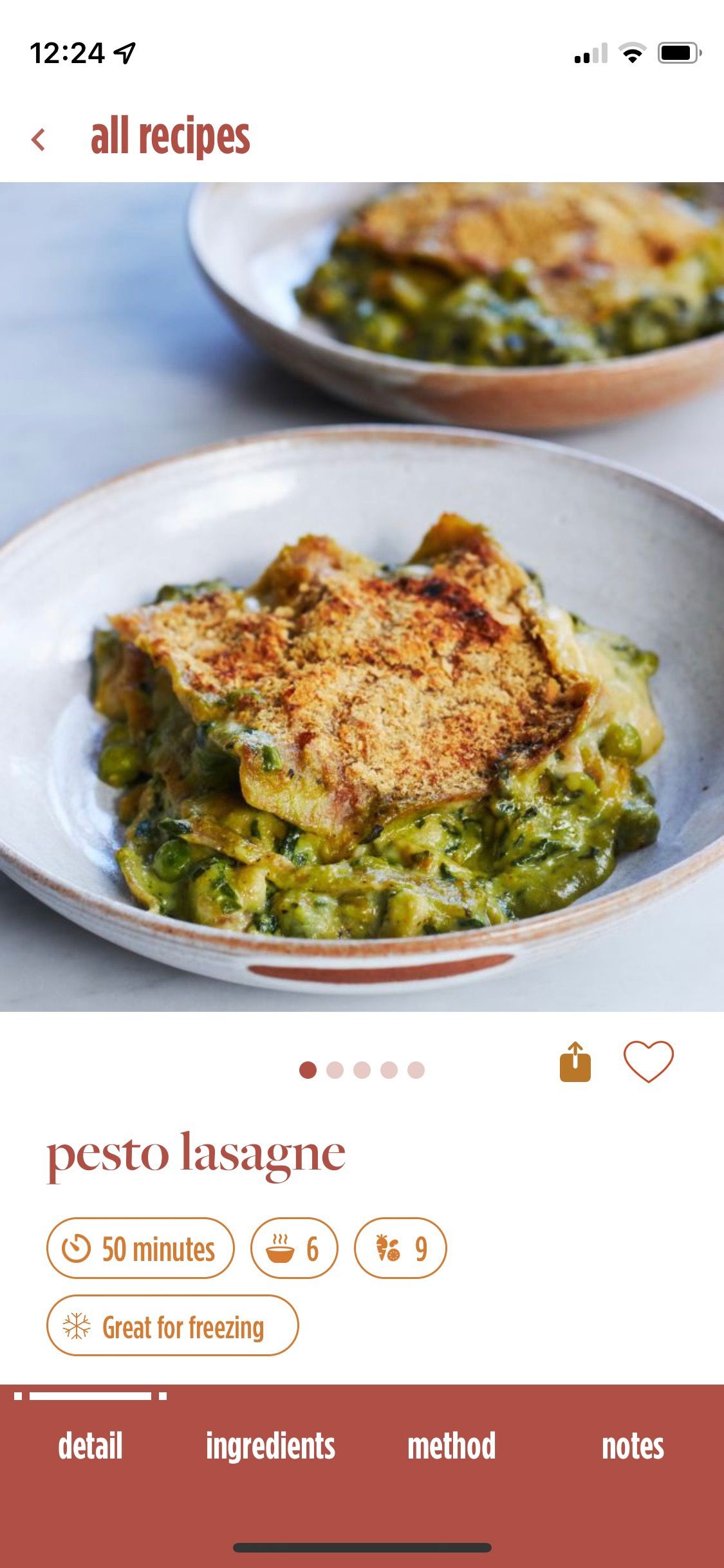 Screenshot of Feel Better app showing sample pesto lasagne recipe