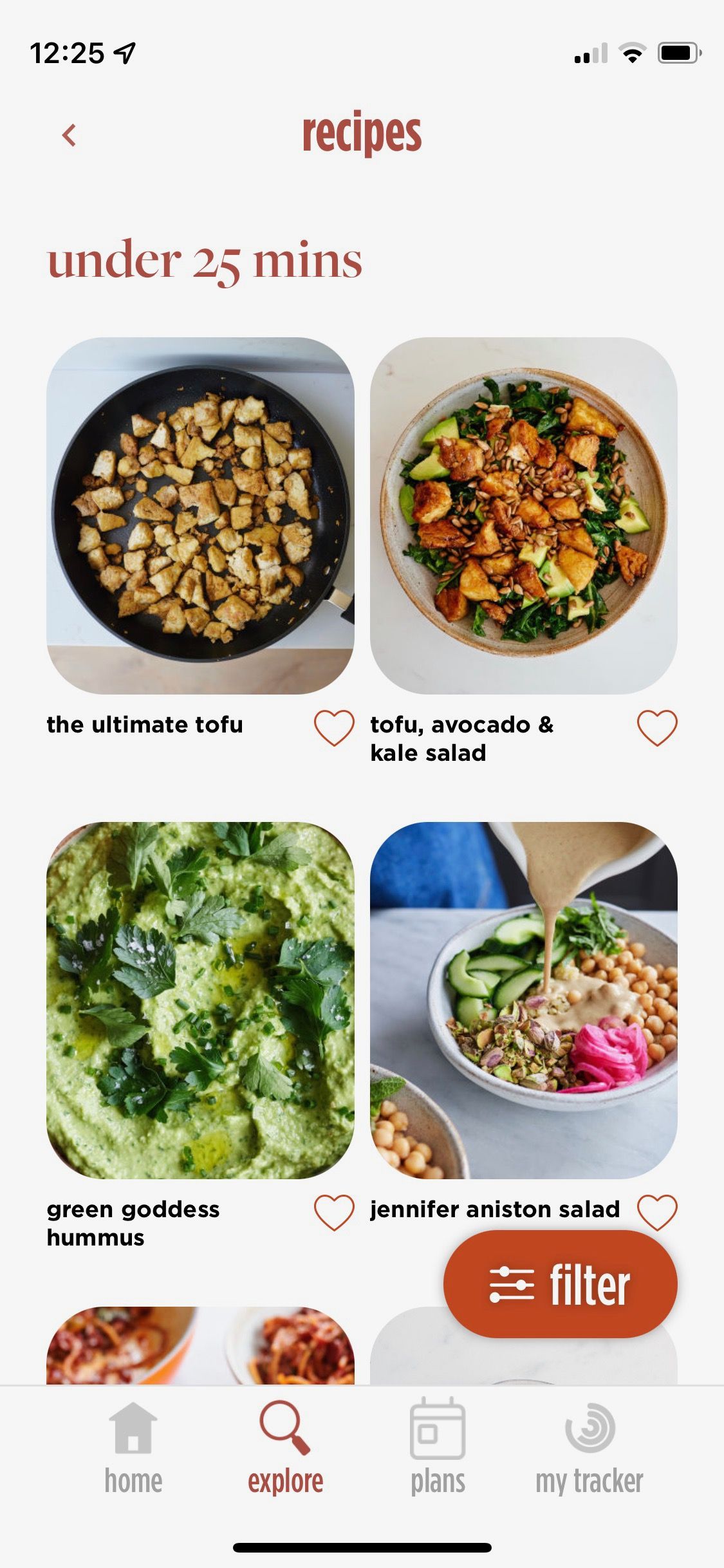 Screenshot of Feel Better app showing under 25 mins recipes