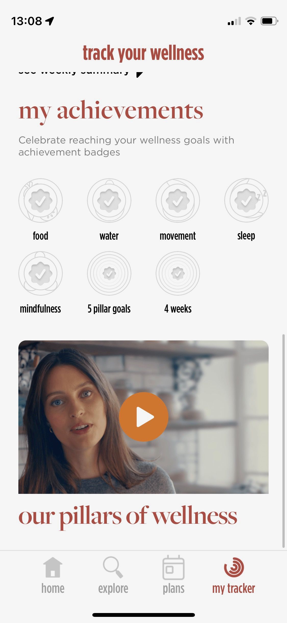 Screenshot of Feel Better app showing wellness achievements