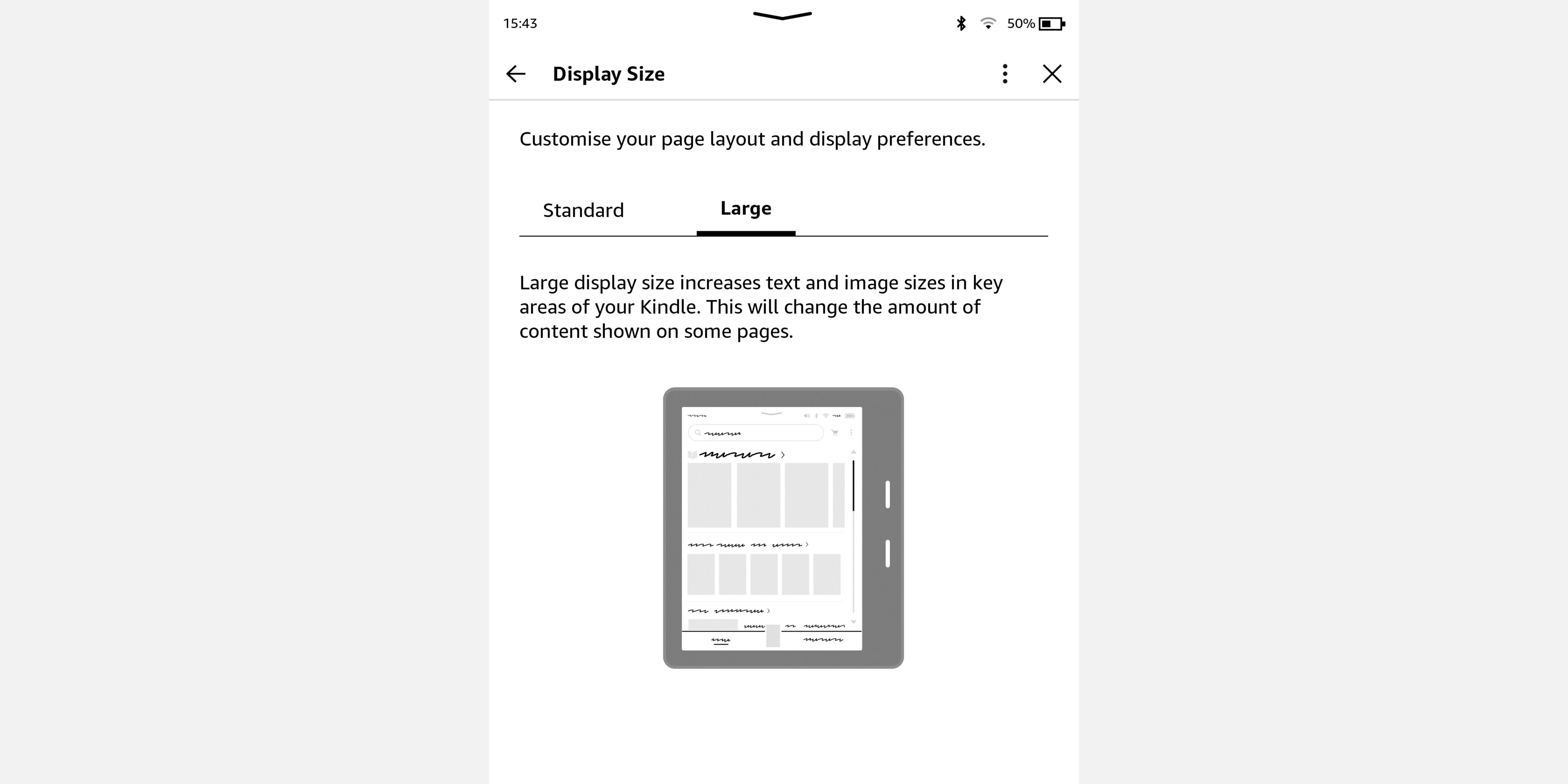Screenshot of Kindle Oasis showing Display size options menu