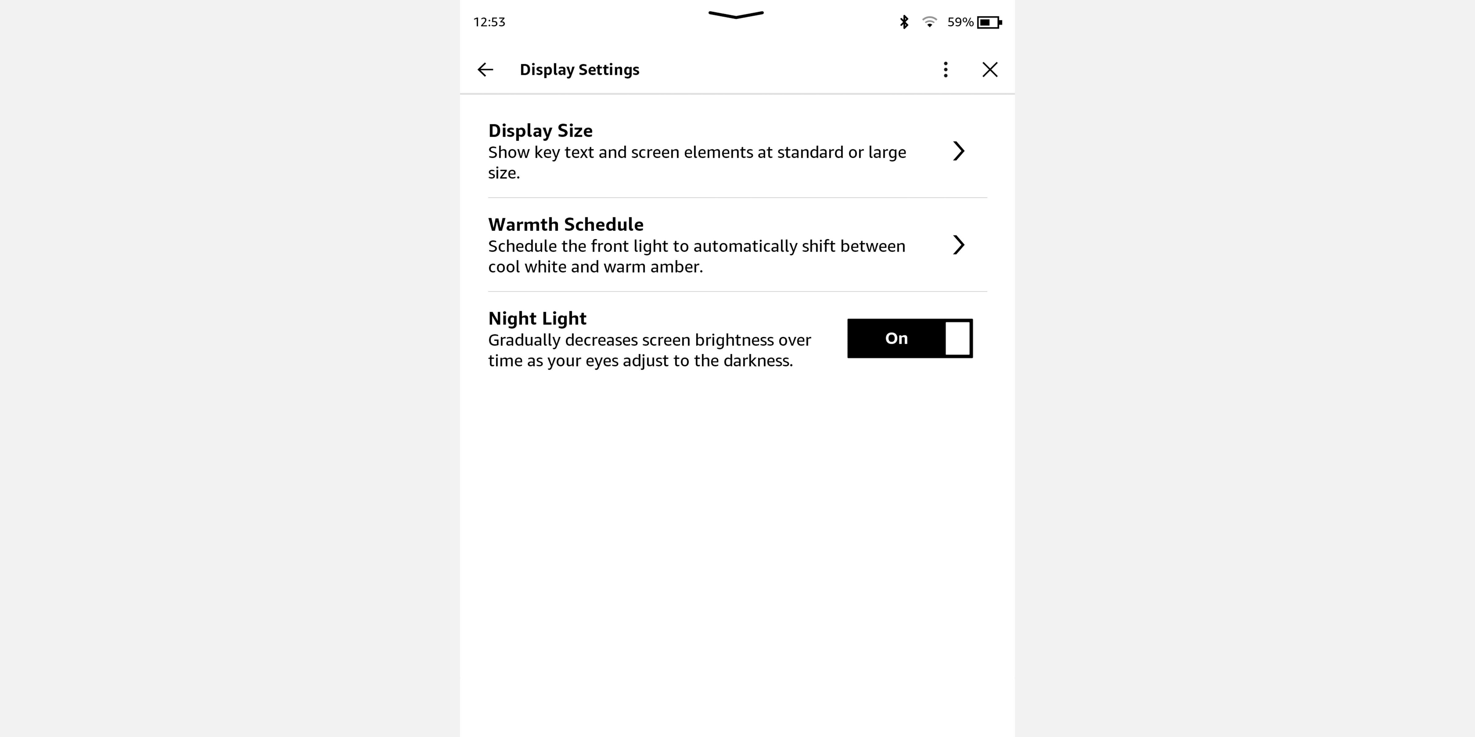 Screenshot of Kindle Oasis showing Night Light feature in menu