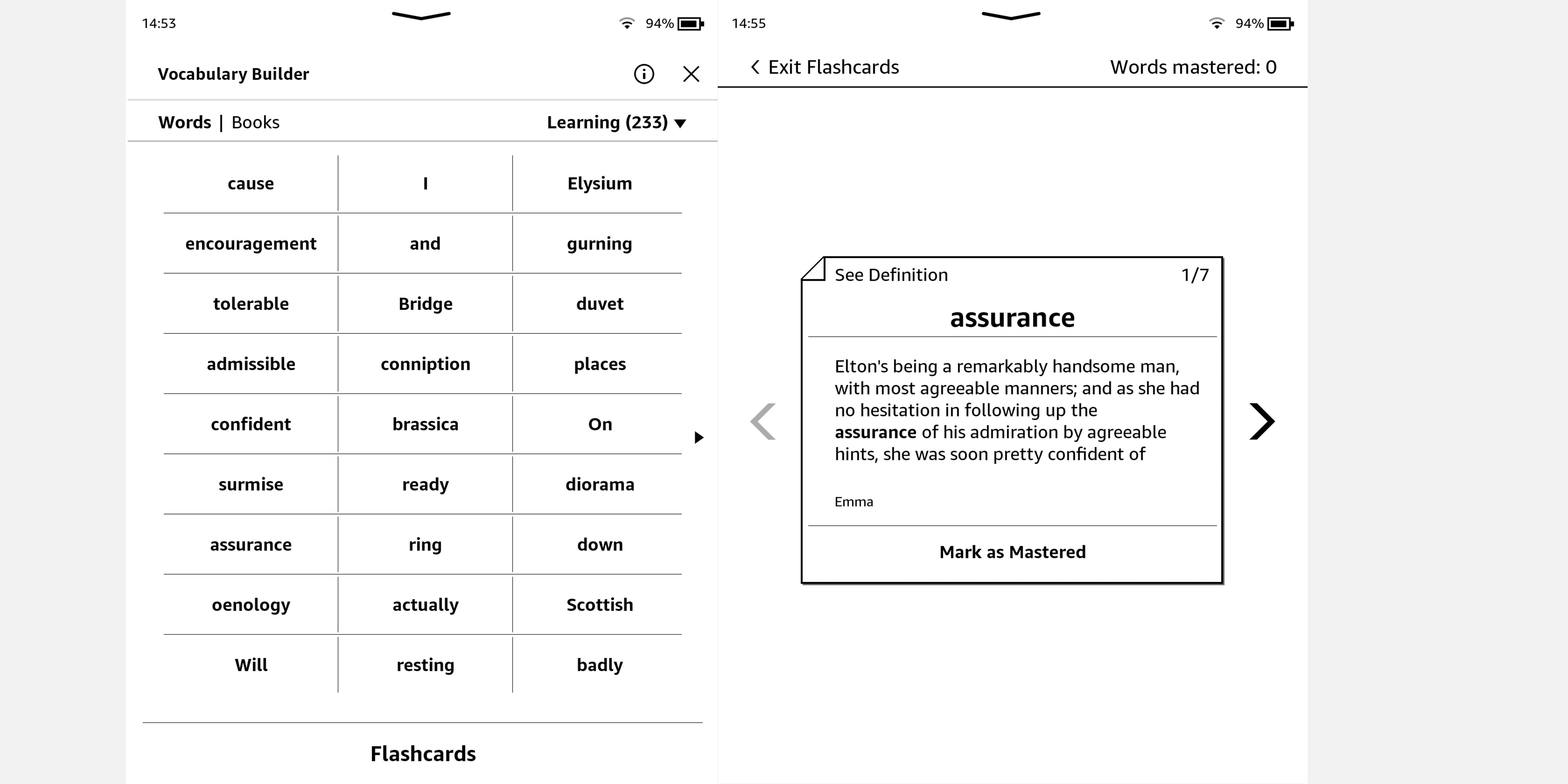 Screenshot of Kindle Oasis showing the Vocabulary Builder and Flashcards functions