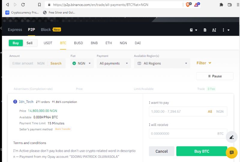 اسکرین شات صفحه نمایش بایننس P2p برای تکمیل سفارش خرید بیت کوین