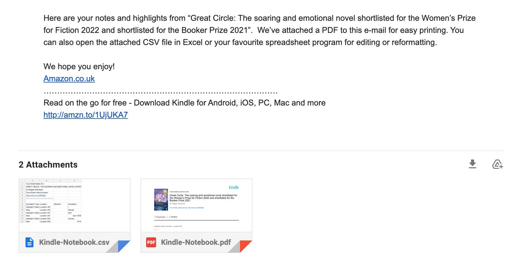 اسکرین شات ایمیل ارسال شده توسط آمازون را برای صدور یادداشت ها از دستگاه Kindle نشان می دهد
