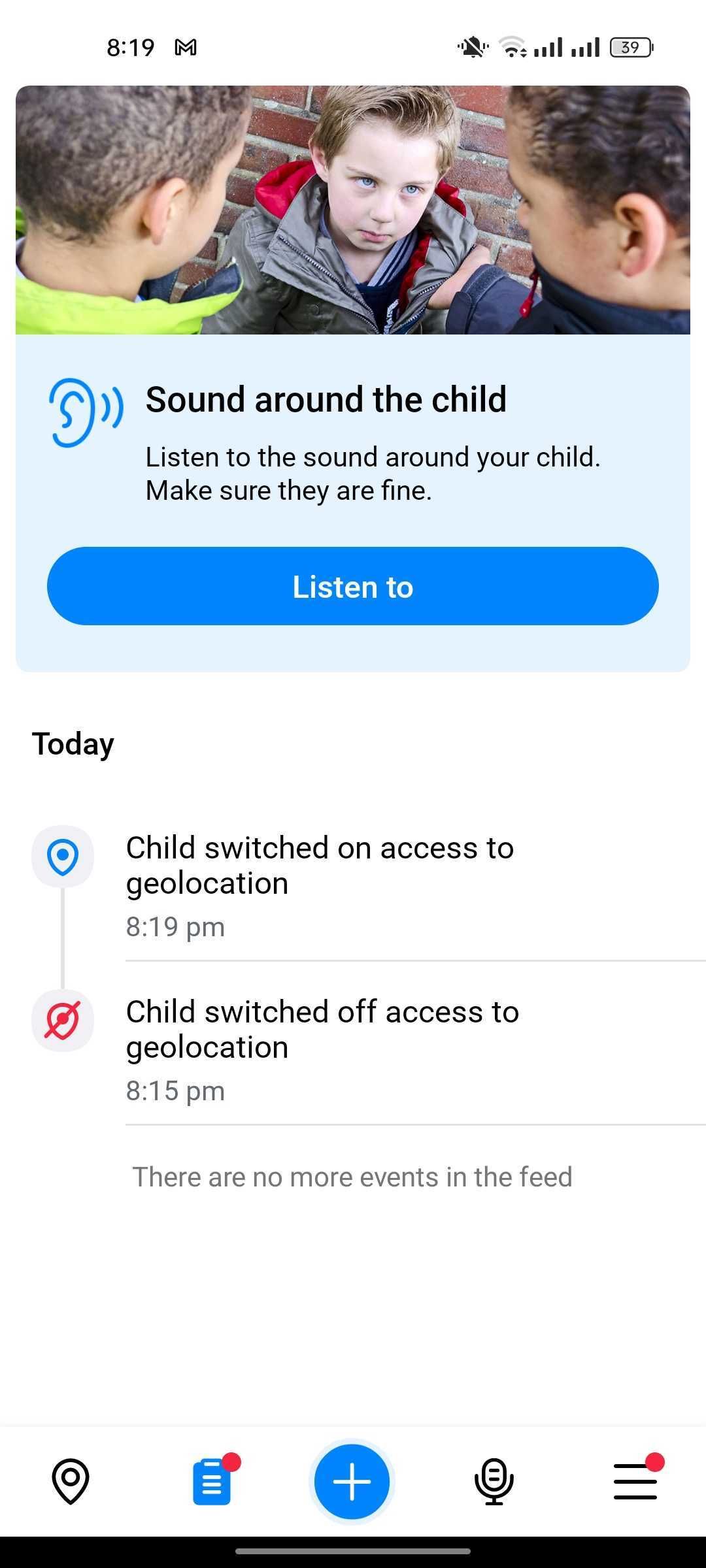 Listen to sounds around the child through the app