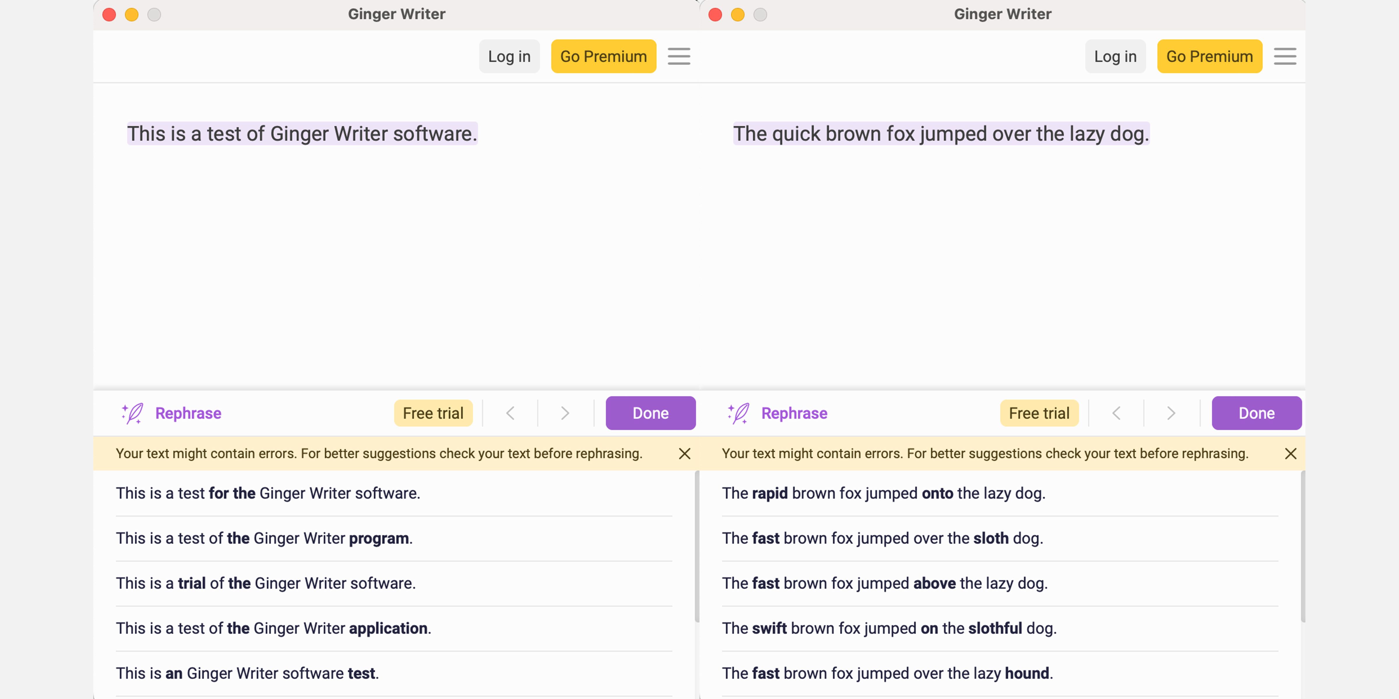 Screenshots of Ginger Writer software in use