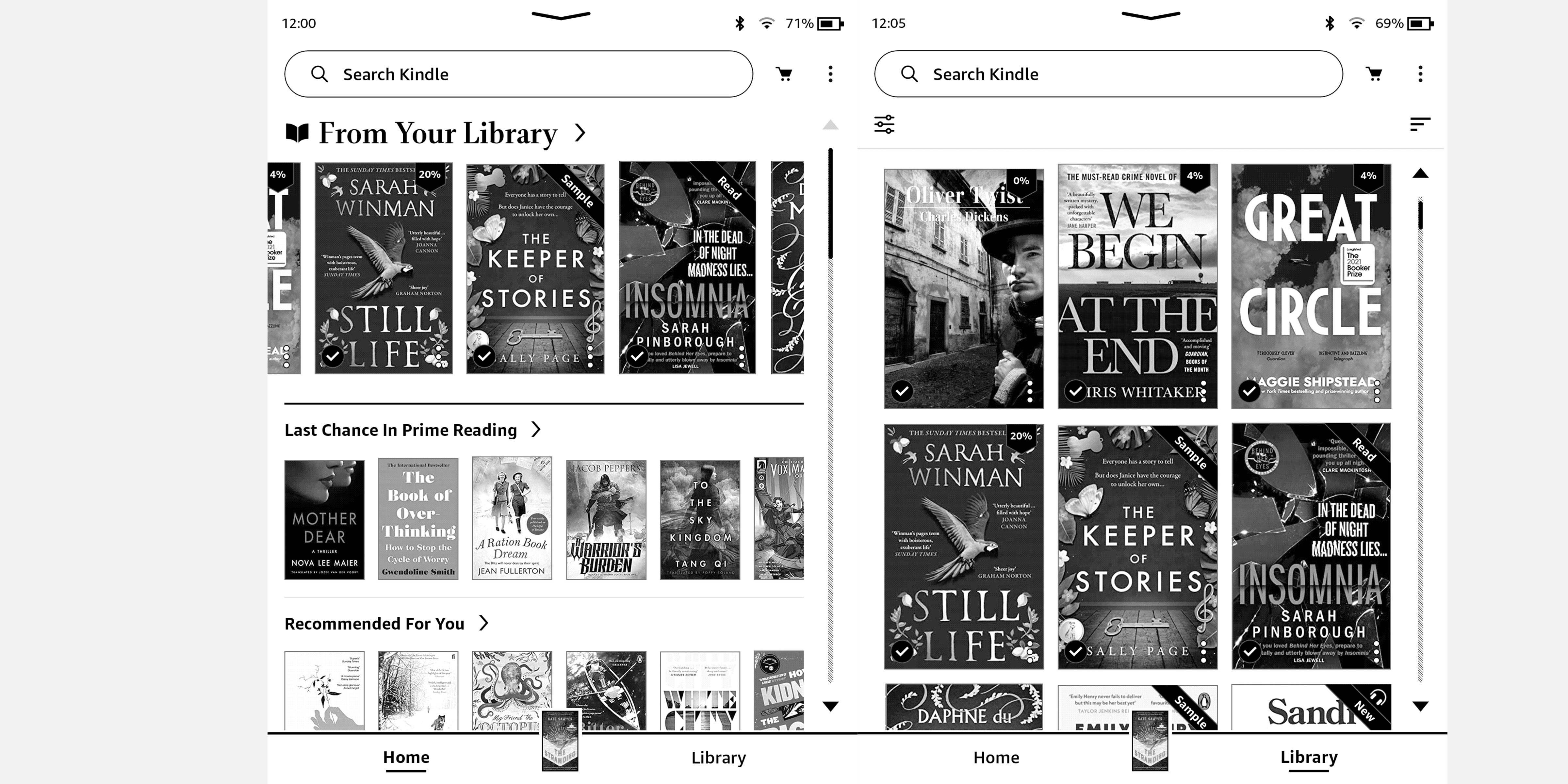 Screenshots of Kindle Home screens showing the option to remove recommendations