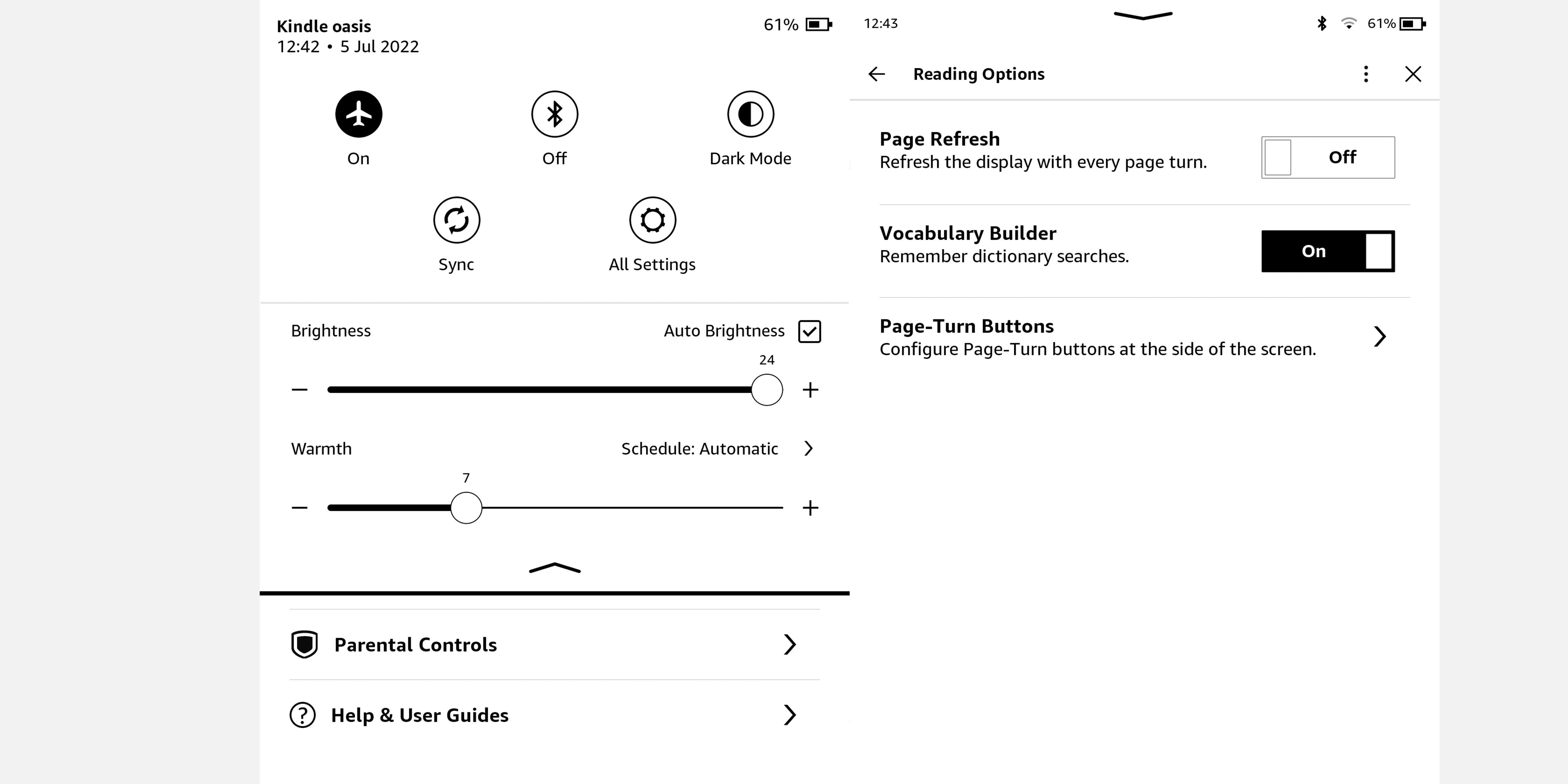 Screenshots showing airplane mode and page refresh options in Kindle