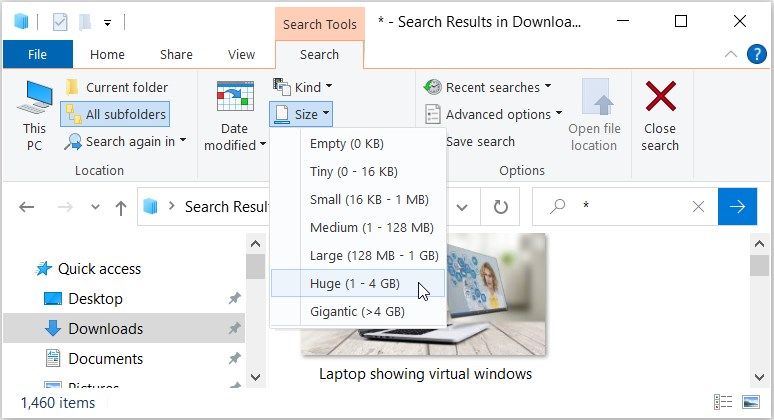 Searching for large files only on File Explorer