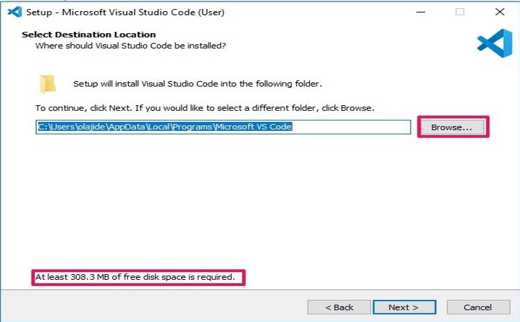 Selecting the Destination Location for VS Code