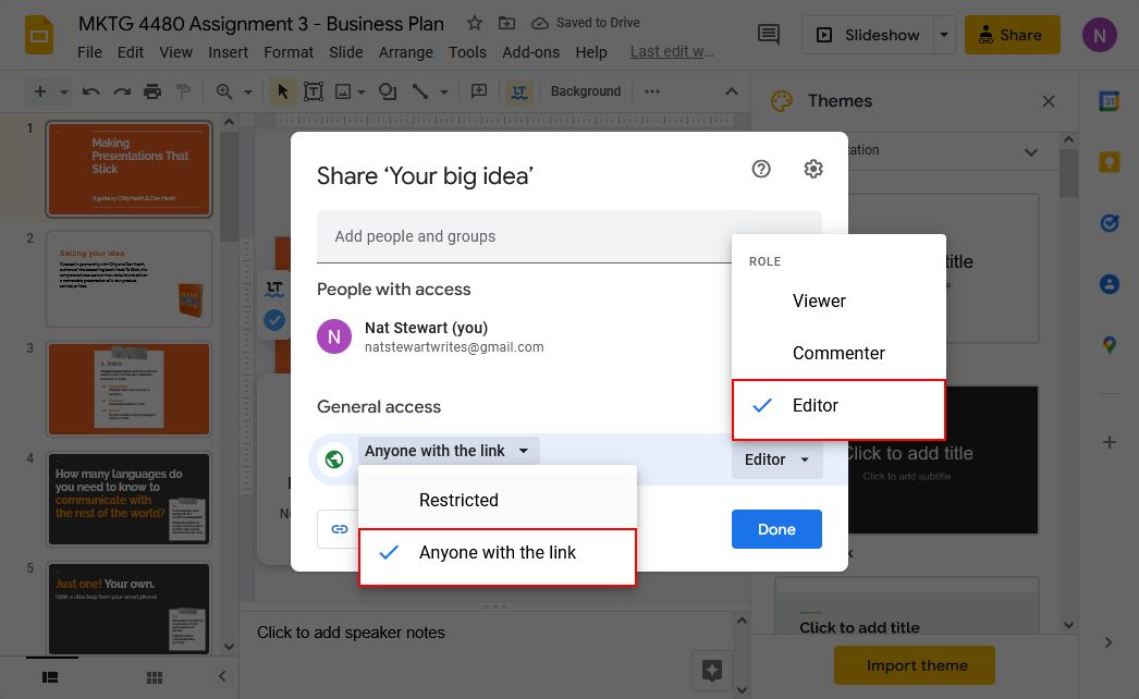 Sharing options in Google Slides