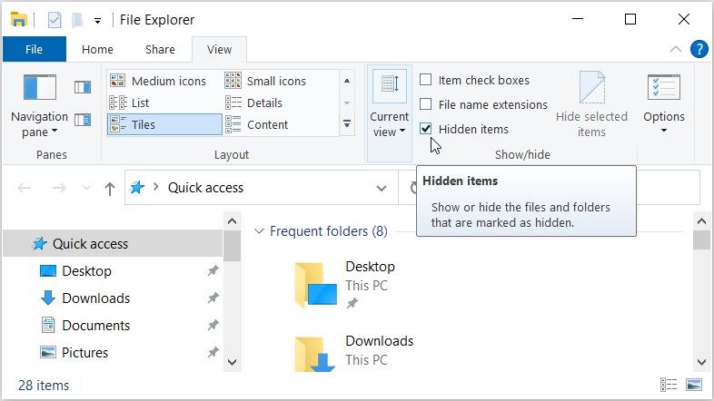 Showing hidden files and folders on Windows