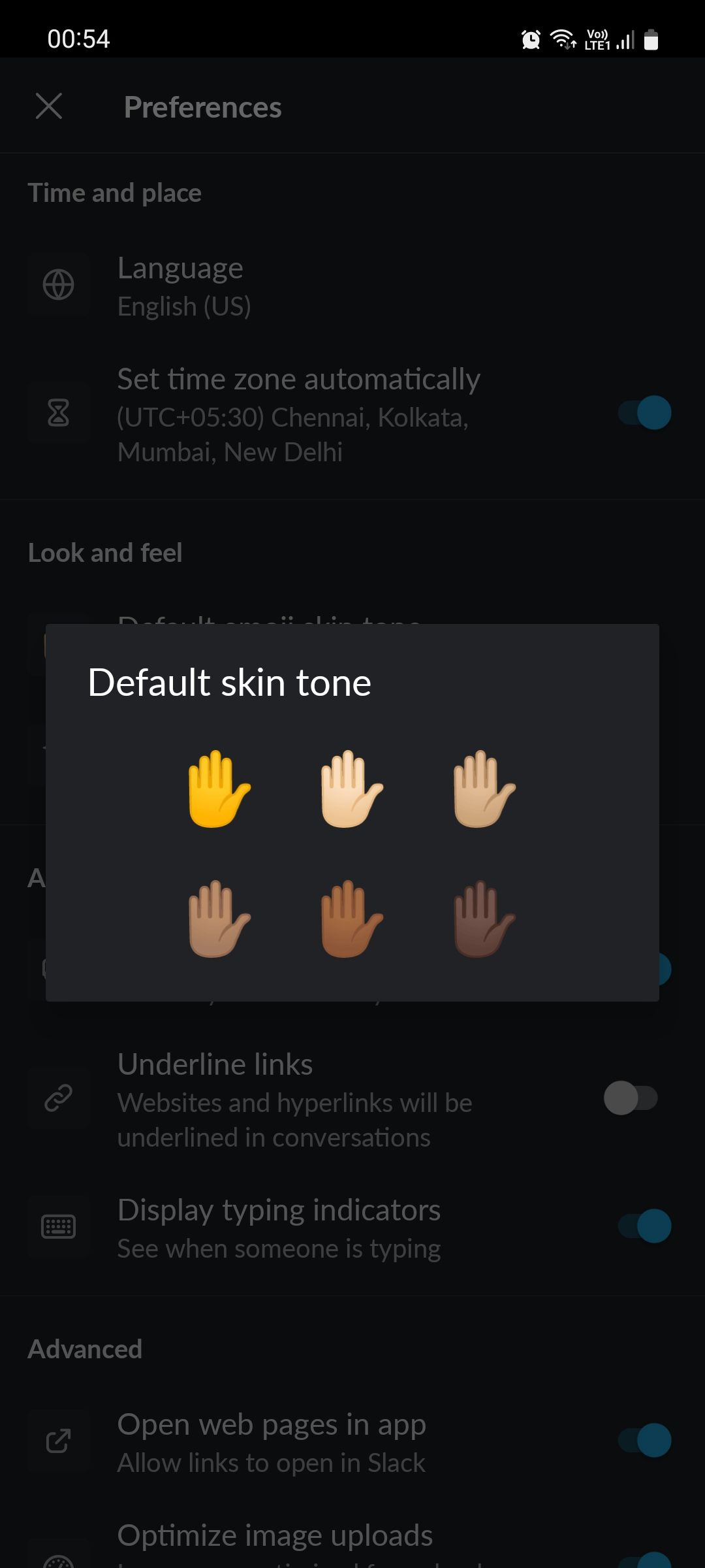 Slack Default Skin Tone Emoji menu