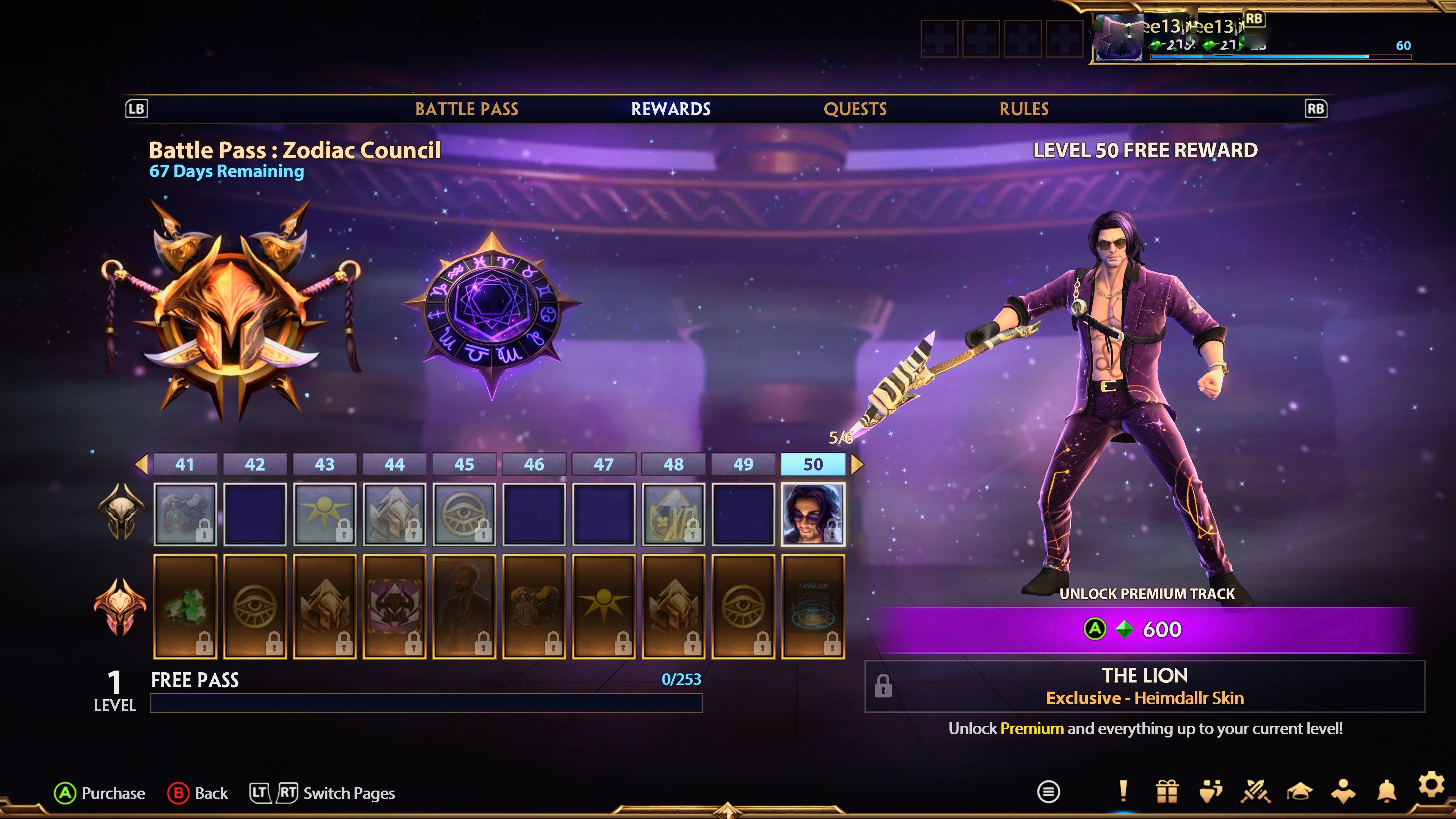A screenshot showcasing the unlockable items in the Zodiac Council Battle Pass in Smite 