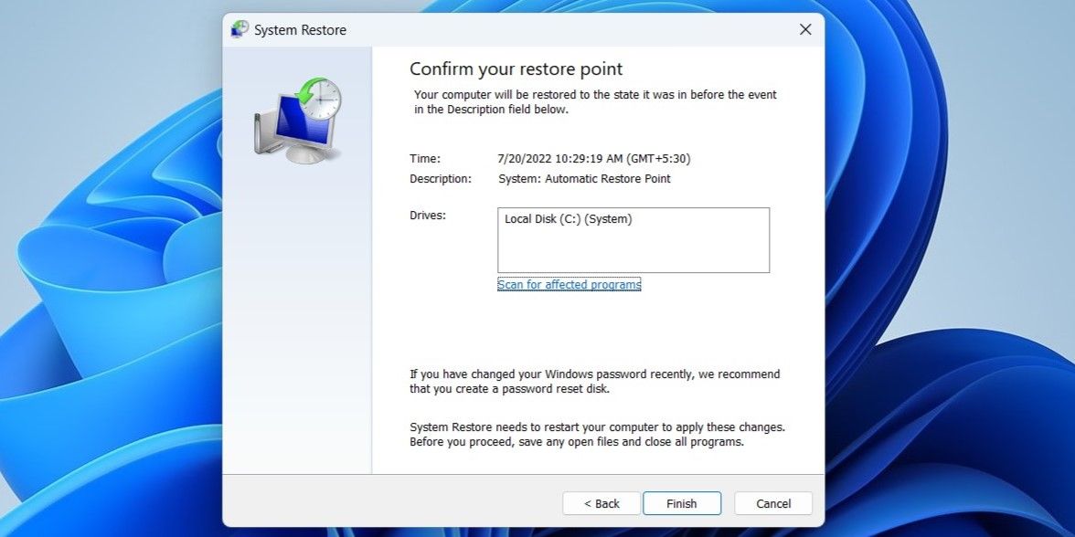 Confirm system restore point