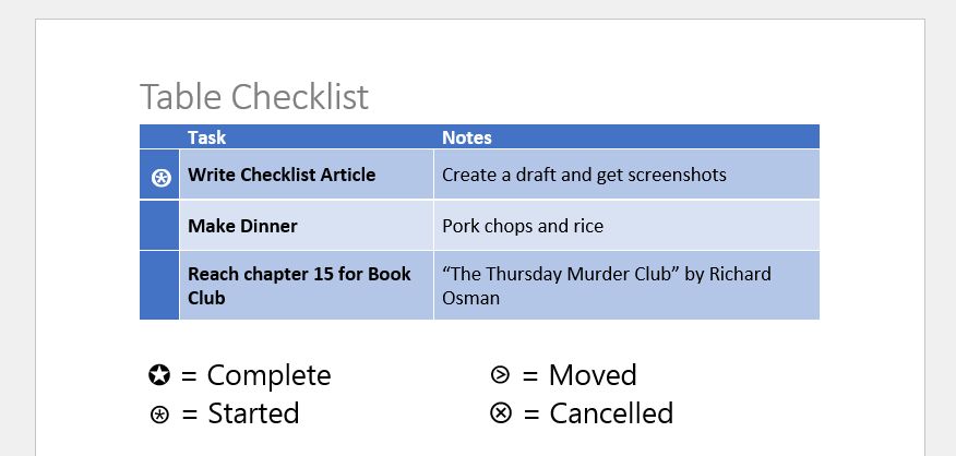 Table Checklist in Microsoft Word