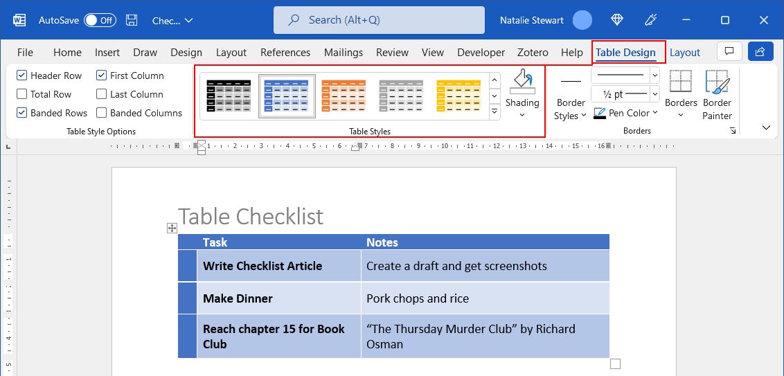 Table design options in Word 365