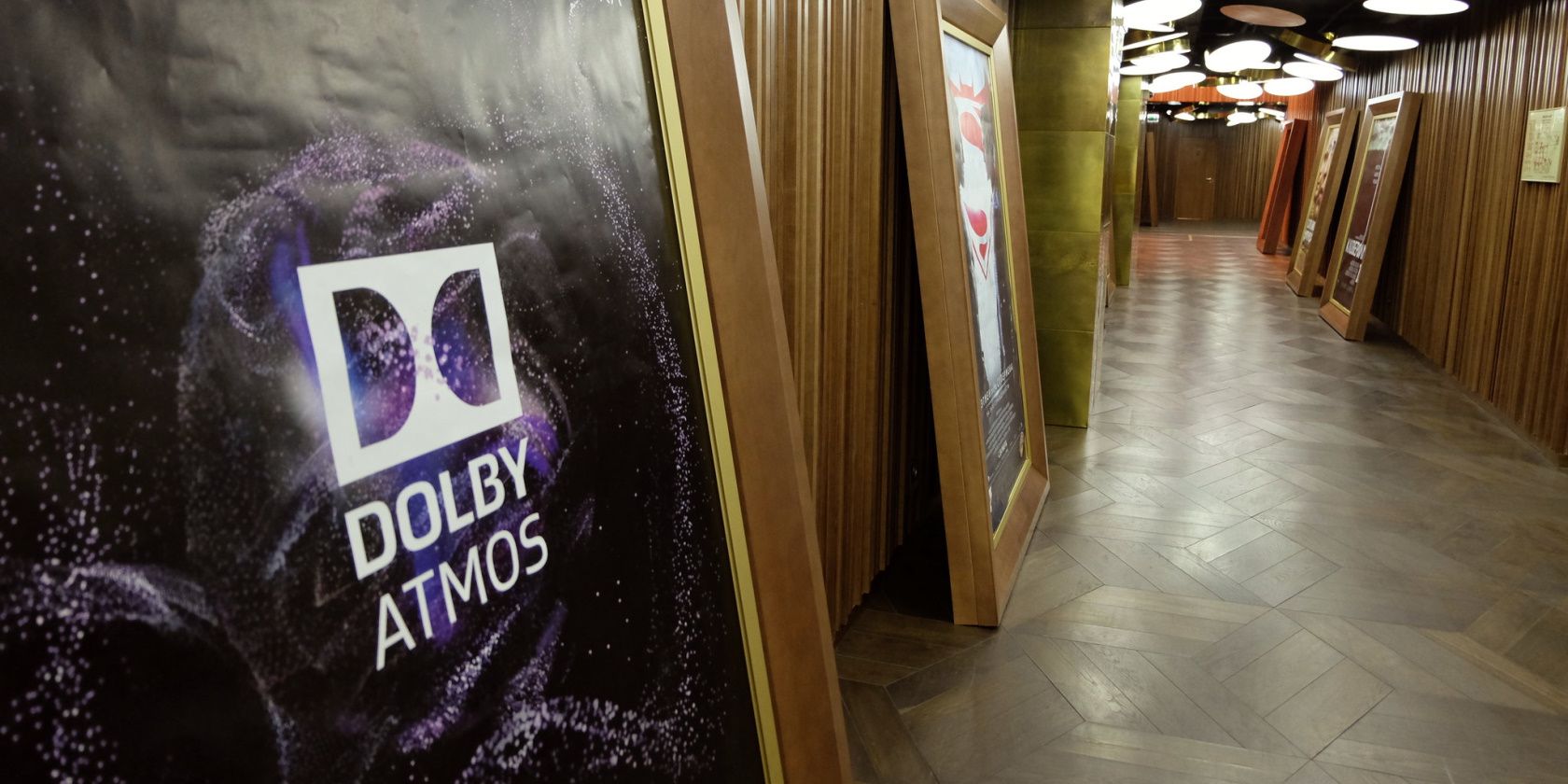 Dolby Atmos logo on a sign in a hallway