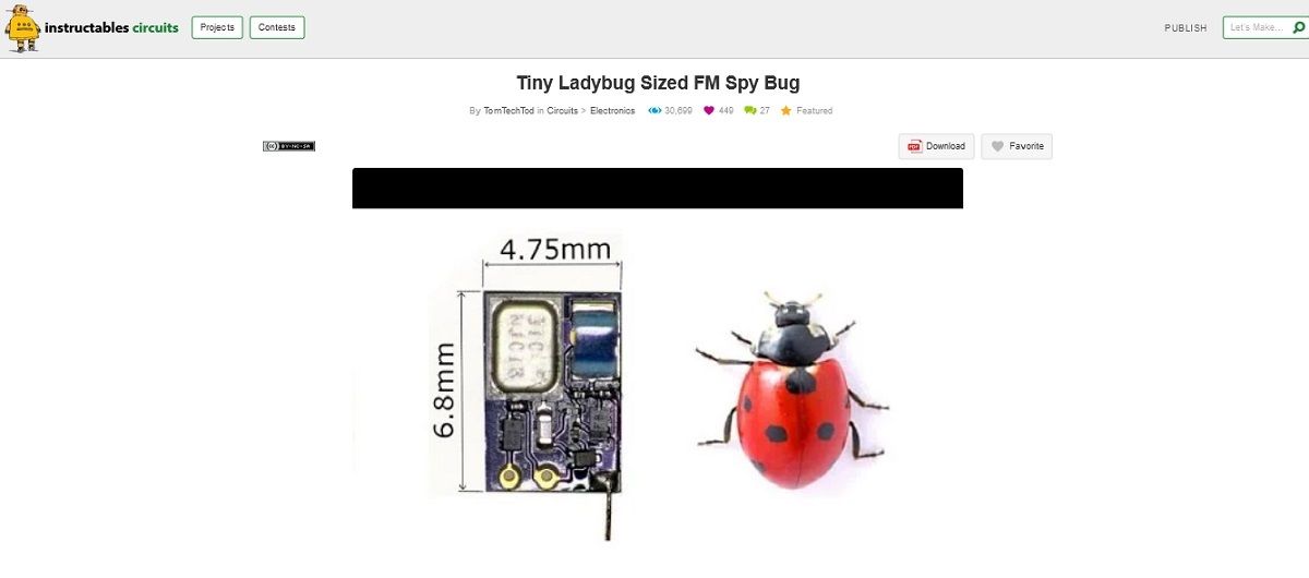 A screengrab of tiny ladybug sized FM spy bug project page