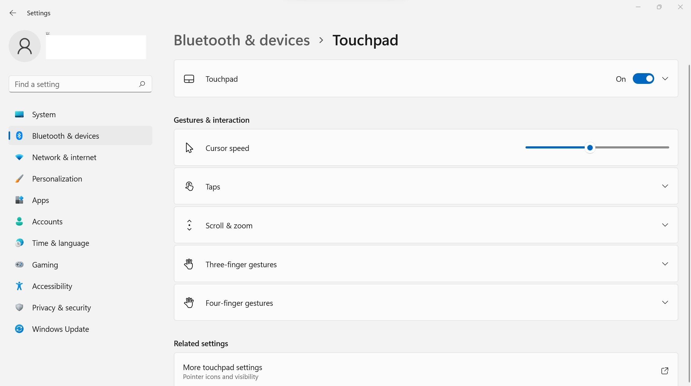 Touchpad Settings Showing the Toggle to Disable the Touchpad in Windows 11