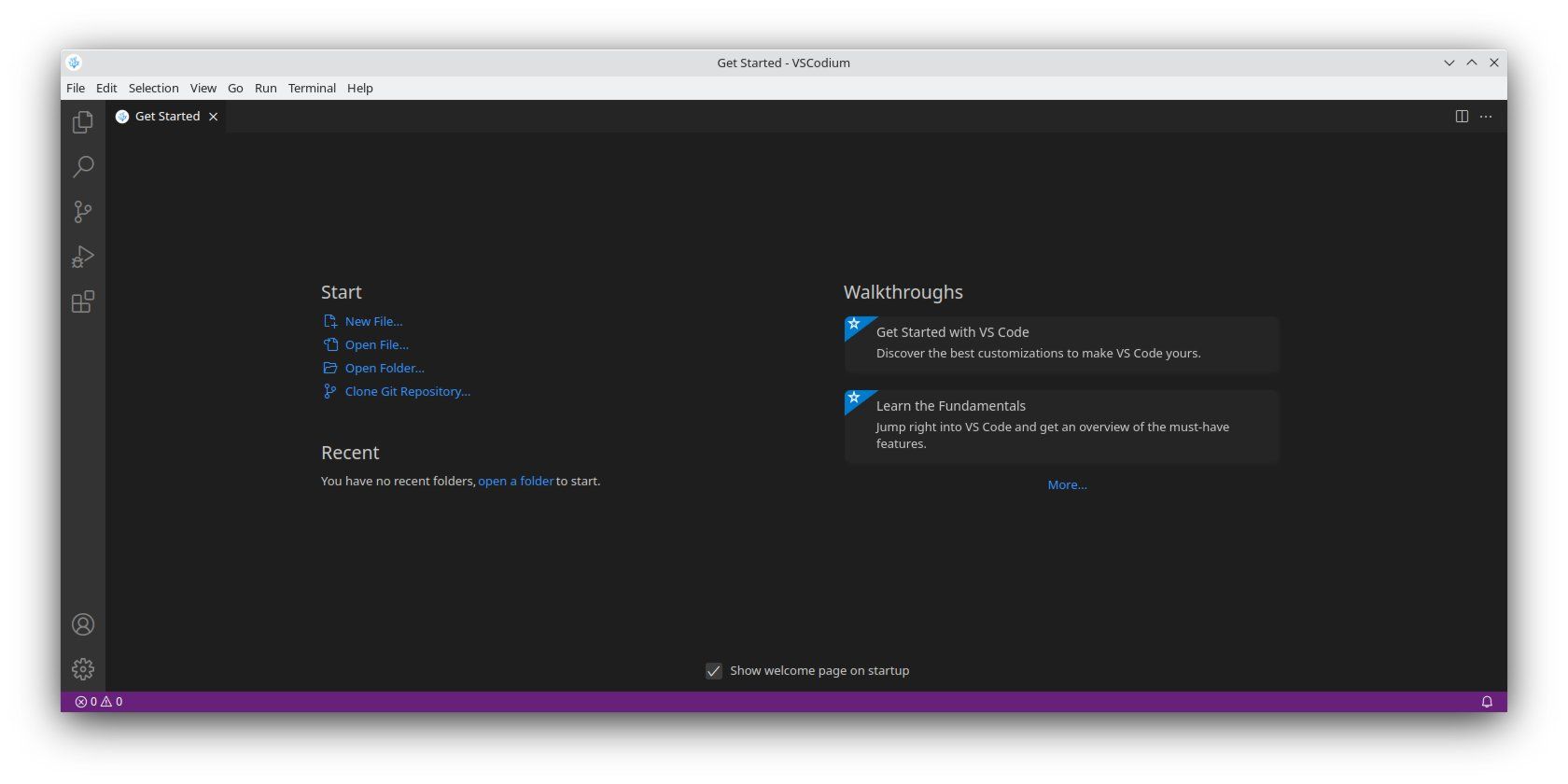 A screenshot of the VSCodium default "Get Started" screen.