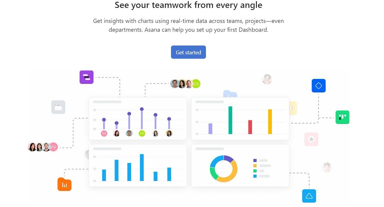 Asana reporting screen on white background with various graphs on display