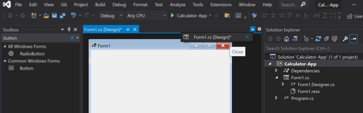 Dropdown button to open design view/canvas