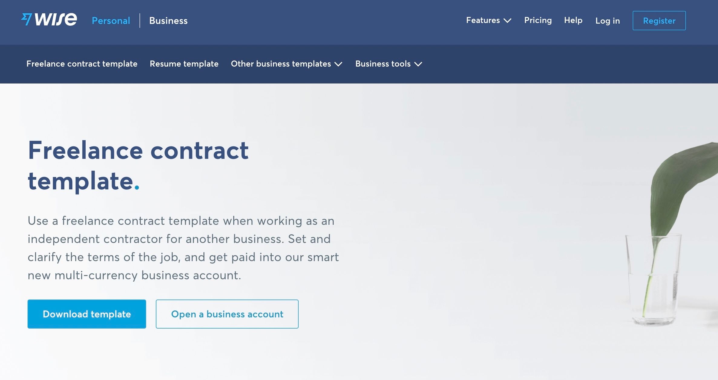 A screenshot of Wise freelance contract homepage