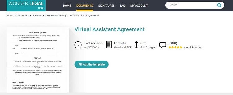 Wonder Legal Vitual Assistant contract template screenshot
