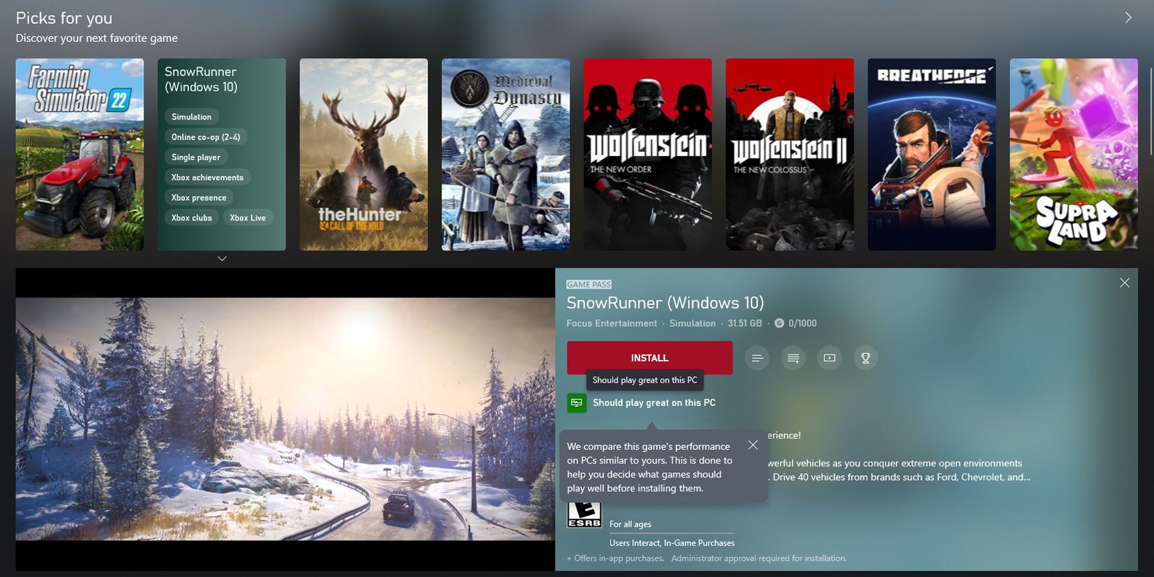 Aplicación de Xbox que muestra el indicador de ajuste de rendimiento del juego para SnowRunner