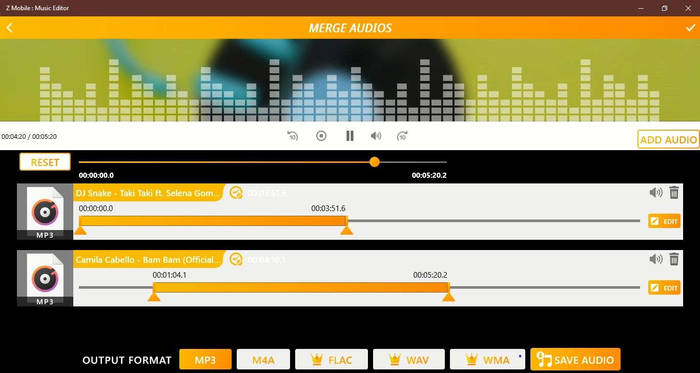 Audio Joiner in Z Mobile Music Editor App for Windows