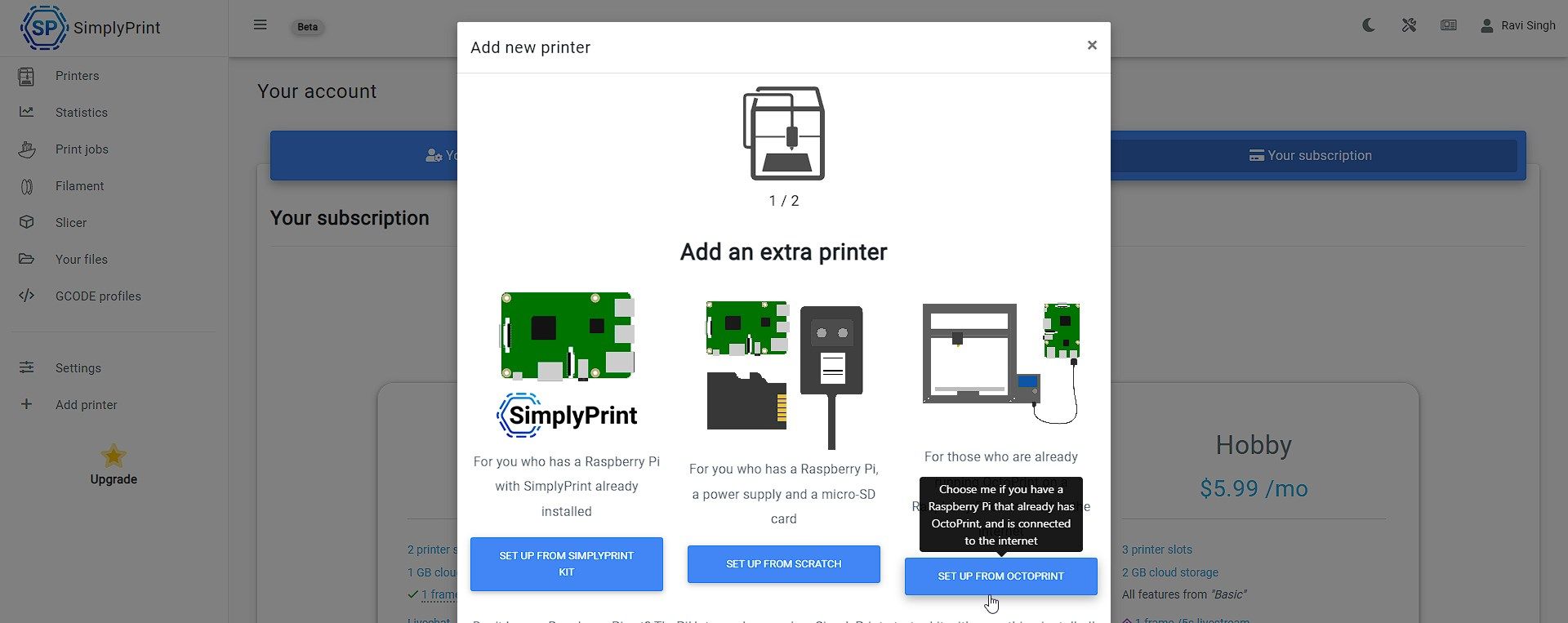 add printer using octoprint option in simplyprint