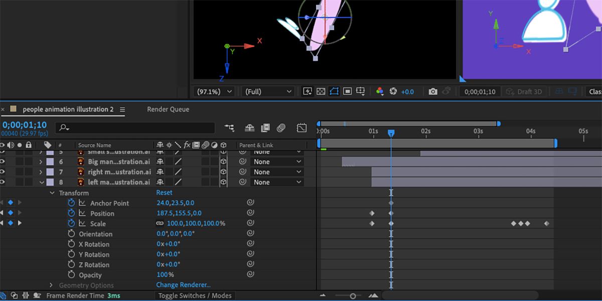 Screenshot of After Effects keyframes.