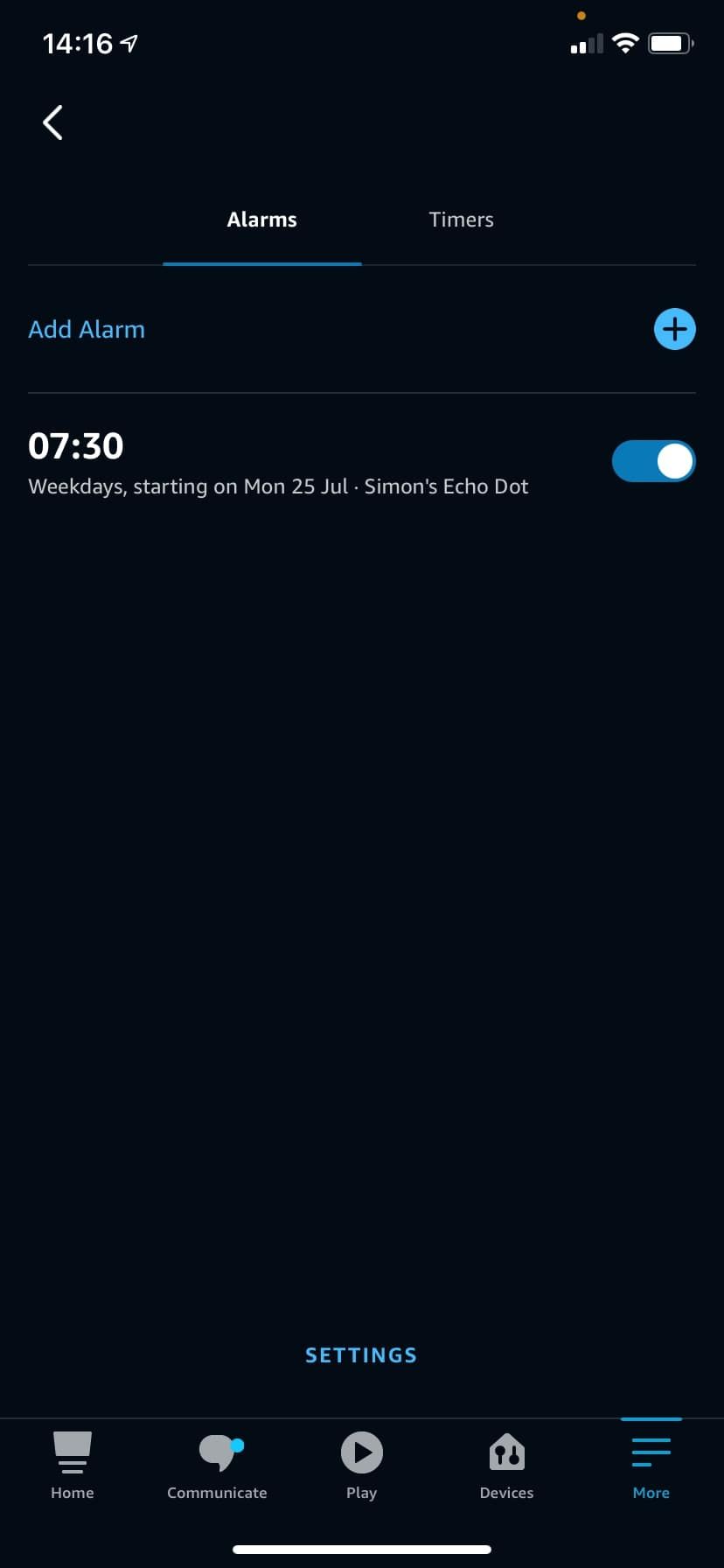 Alexa alarms page with active alarm
