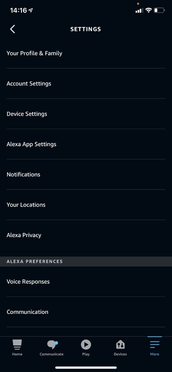 Alexa app settings page