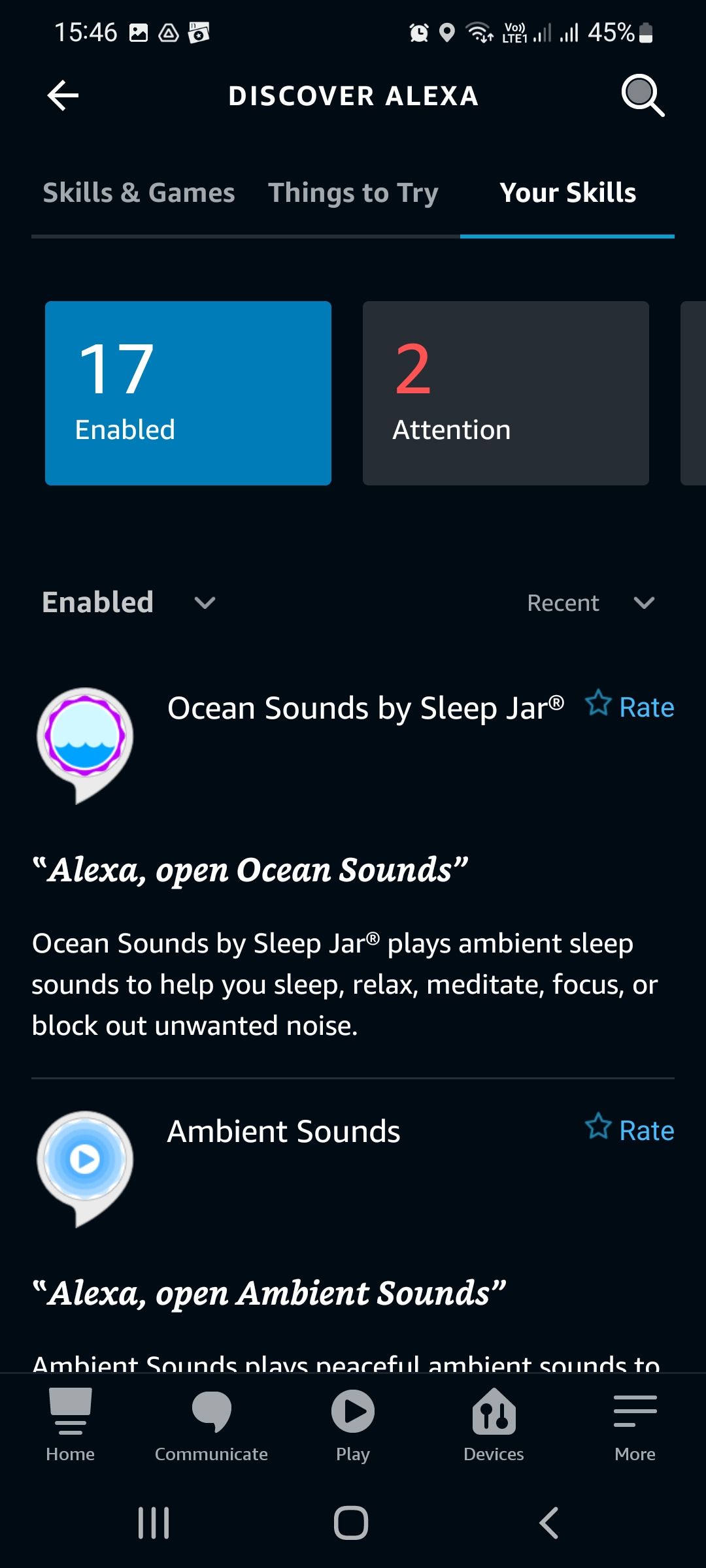 The skills list in the Alexa app