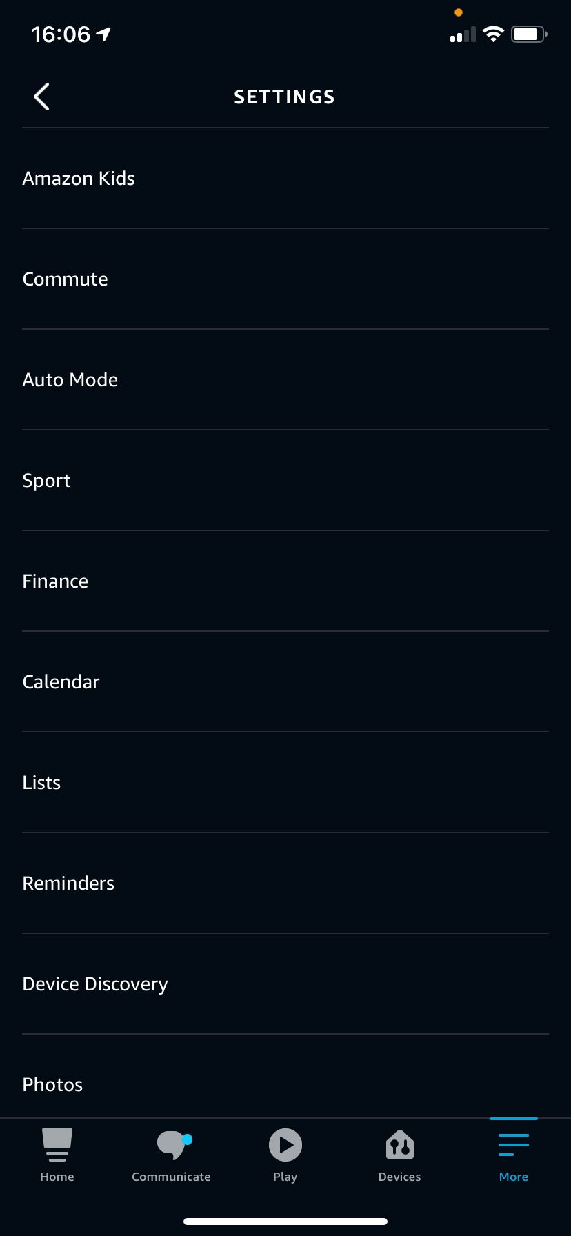 Alexa settings page showing sports