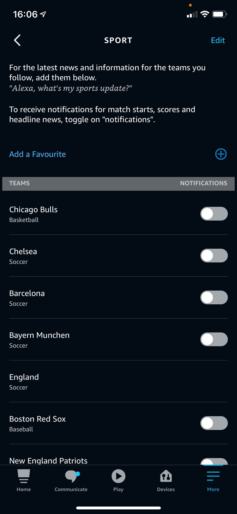 Alexa sports update settings page