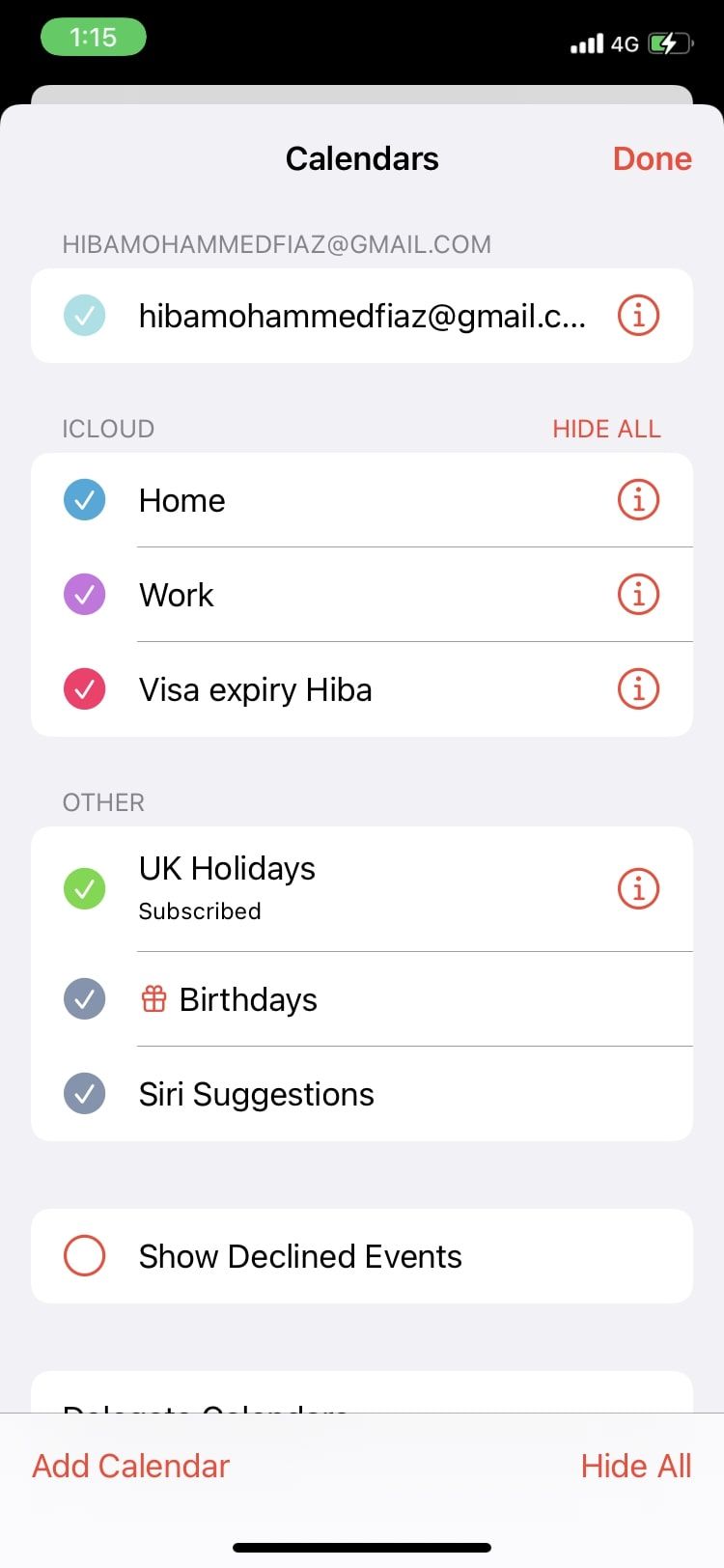 all calendars and hide all option