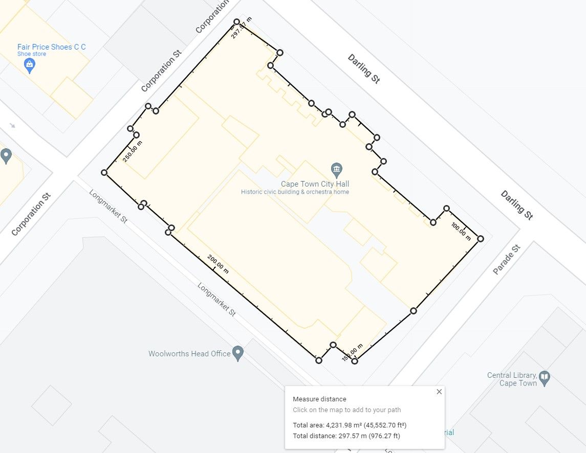 area caculator in google maps with city hall plotted out