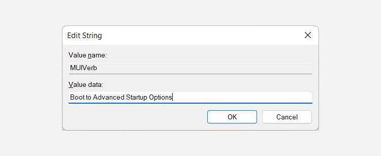افزودن بوت متن به گزینه‌های راه‌اندازی پیشرفته به کادر متنی مقدار رشته muiverb در ویرایشگر رجیستری ویندوز