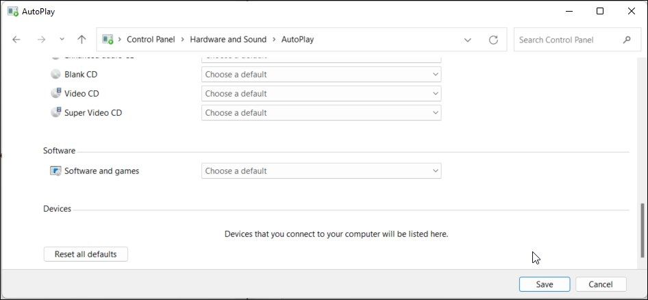 autoplay hardware and sound control panel windows 11 reset all defaults